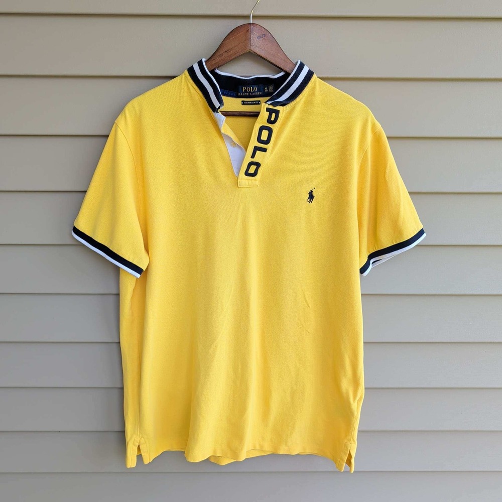 Polo Ralph Lauren Polo Shirt Mens XL Yellow Custom Slim Fit Striped Collar
